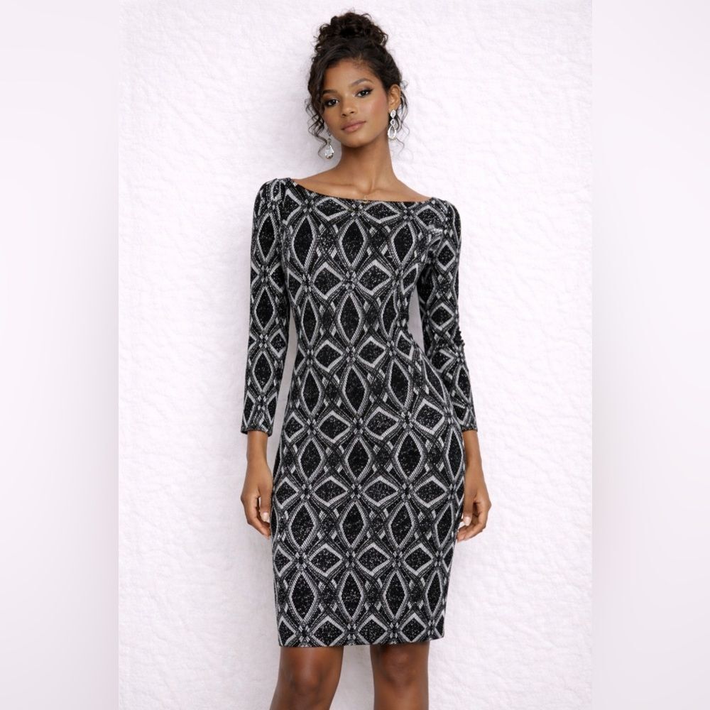 Y2K Bodycon Stretchy Shimmer Geo Pattern Dress Sz 8 Romantic Fitted Sexy Glam